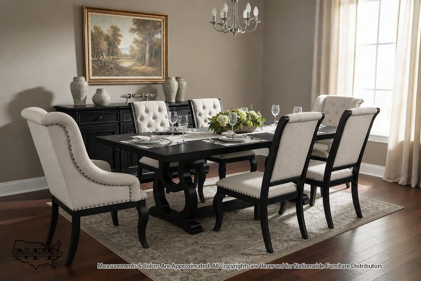 Table, 4 X Side Chair and 2 X Upholesterd Arm Chair