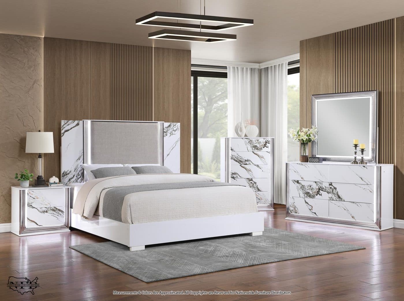 Mirrored Dresser, Led Mirror and Queen Bed