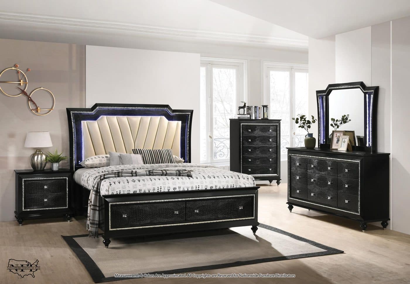Dresser, Mirror W/ Led Lights and Queen Bed