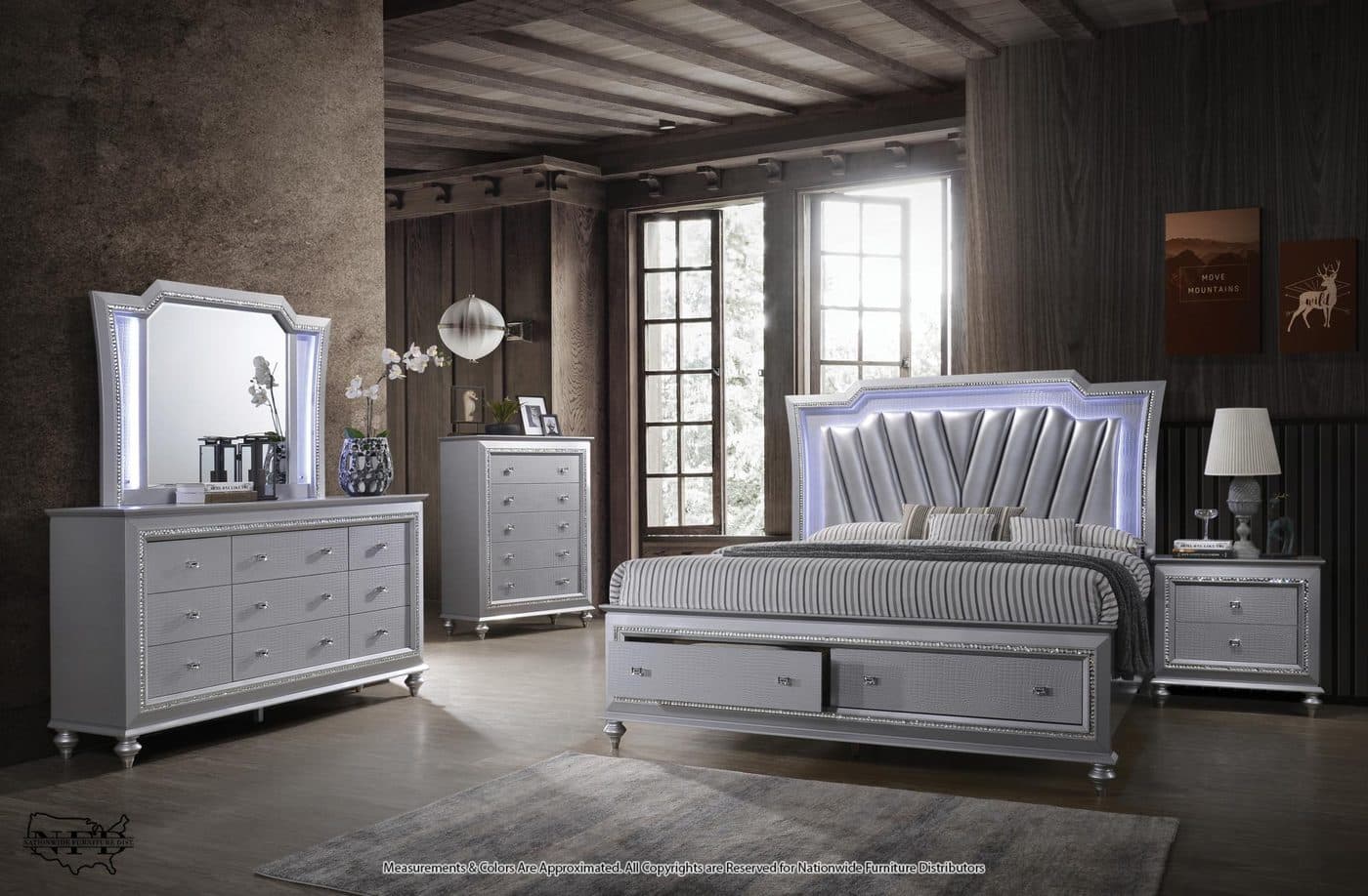 Dresser, Mirror W/ Led Lights and Queen Bed