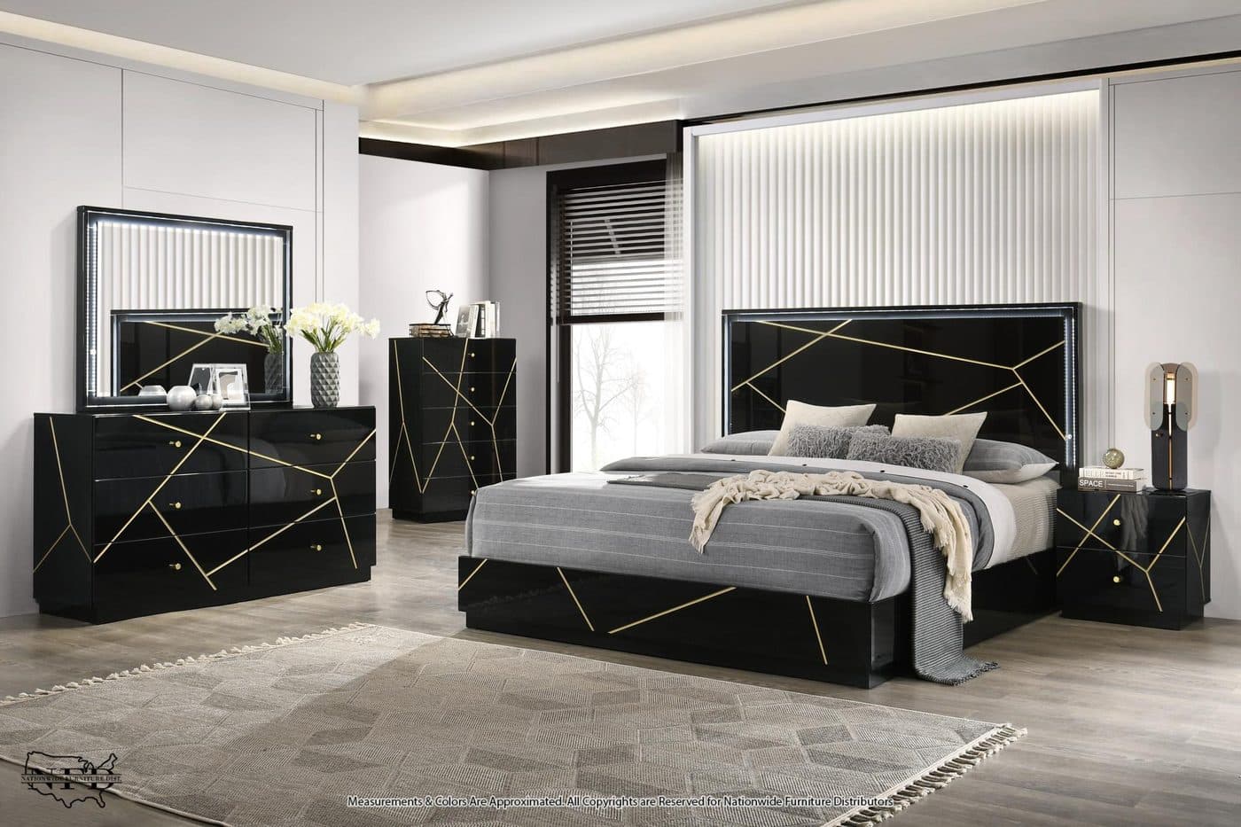 Dresser, Mirror W/ Led Lights and Queen Bed